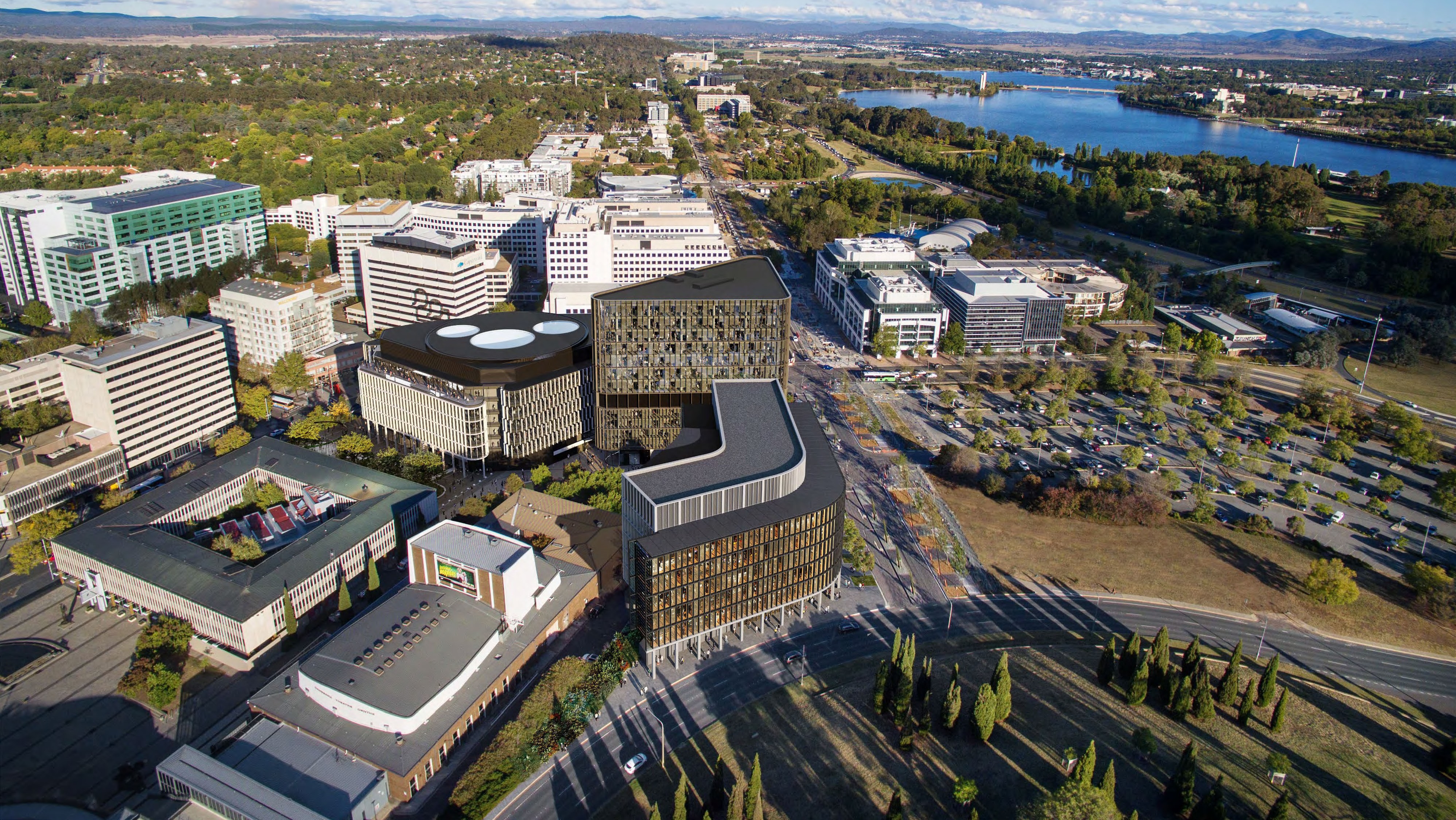 An aerial render of the planned development and surrounding buildings.