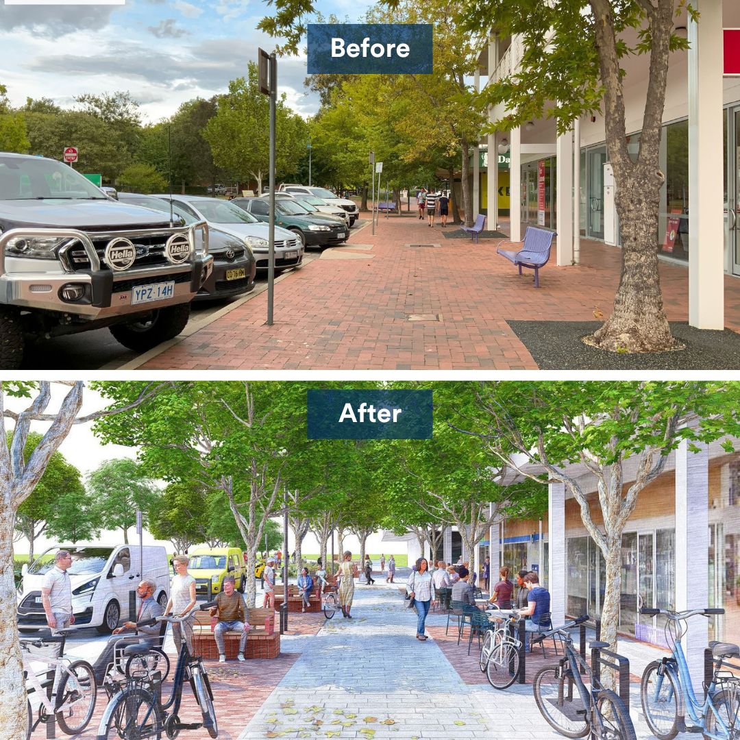 Before and after comparison of two images. The 'after' image is an artist;s impression showing new paving, bike racks and more trees.