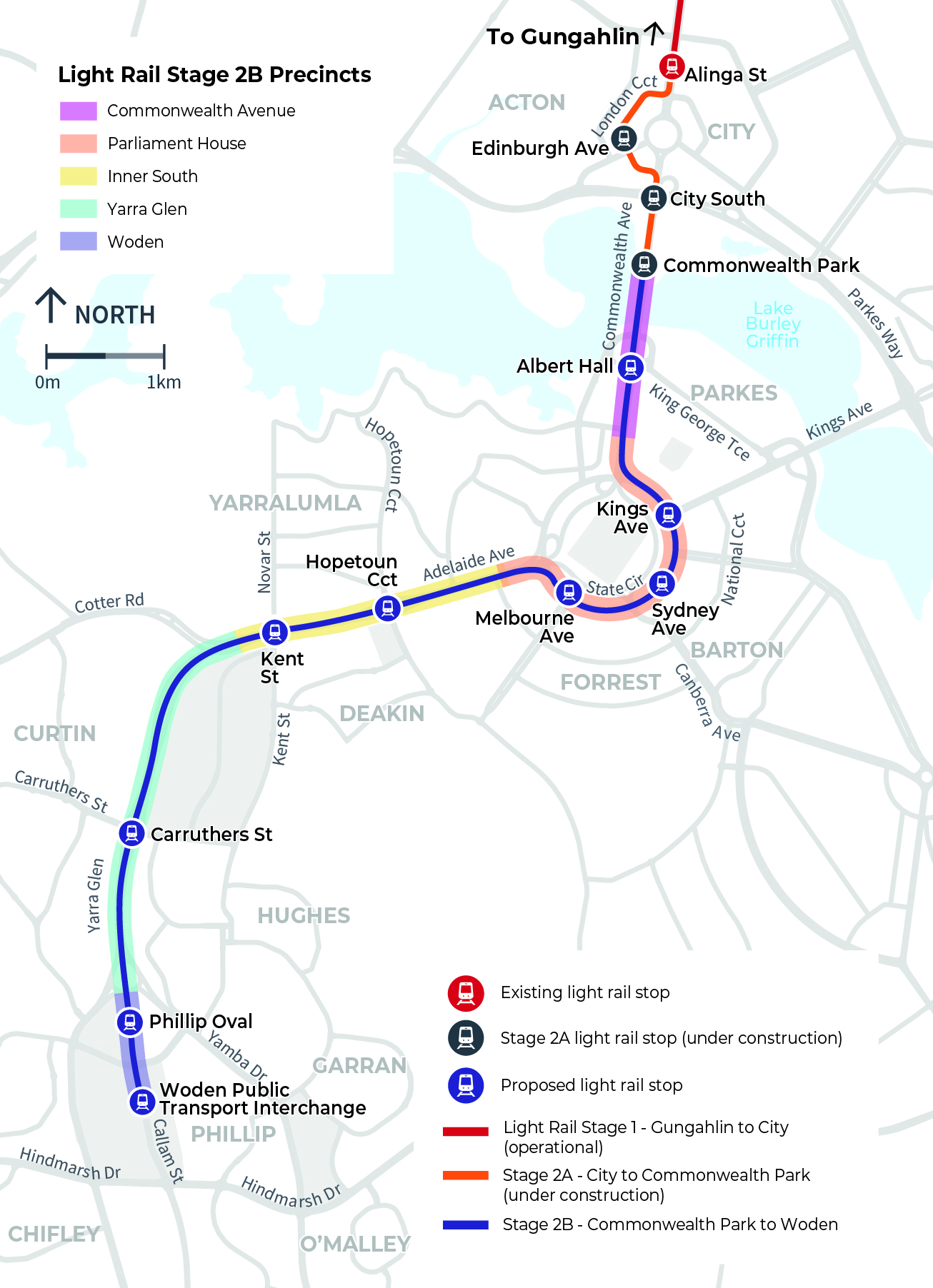 Line map drawing showing the alignment options to take light rail past Parliament House
