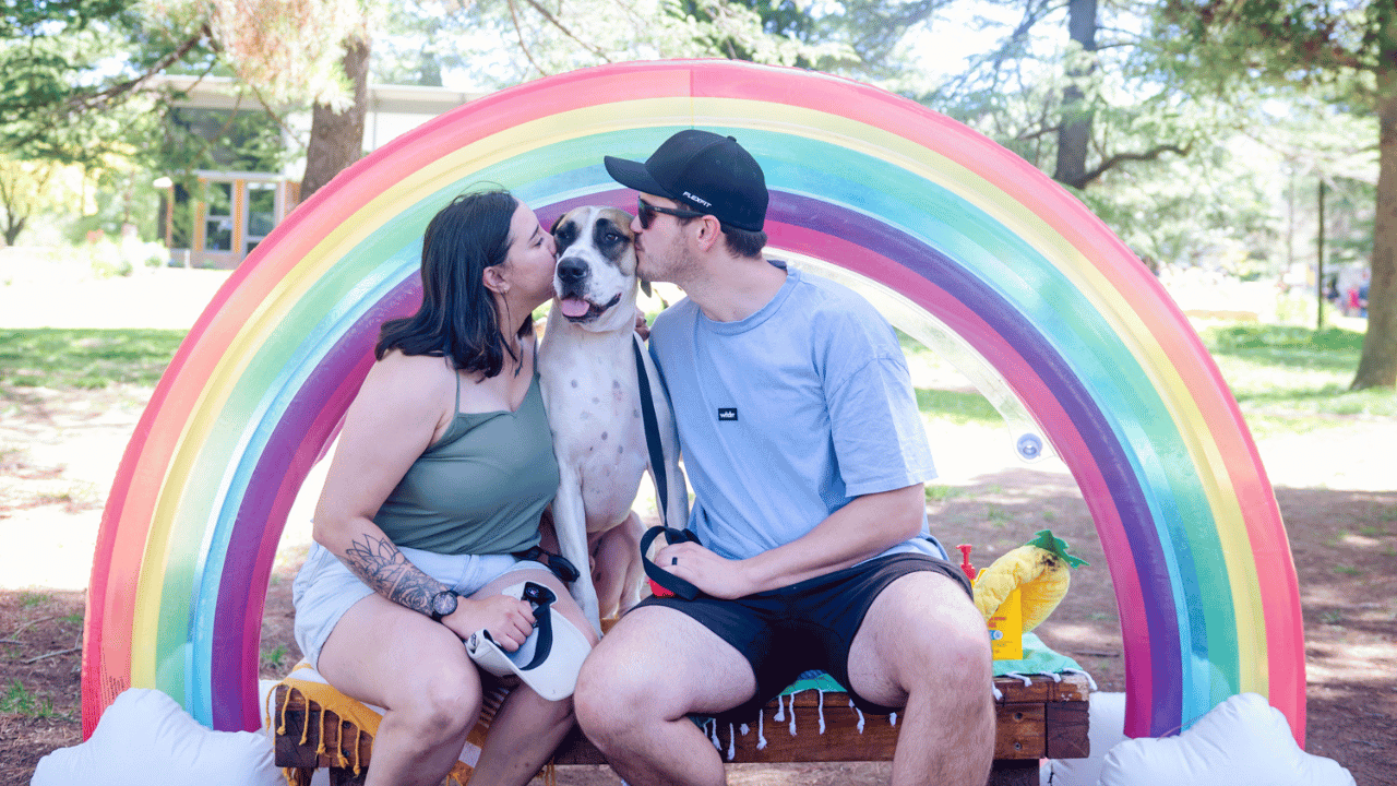 Dog owners take a photograph with their dog in front of a rainbow prop