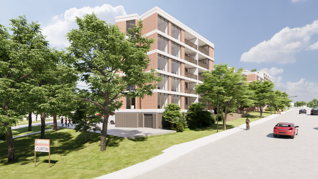 An artist's impression of modern housing with a suburb sign saying Curtin.