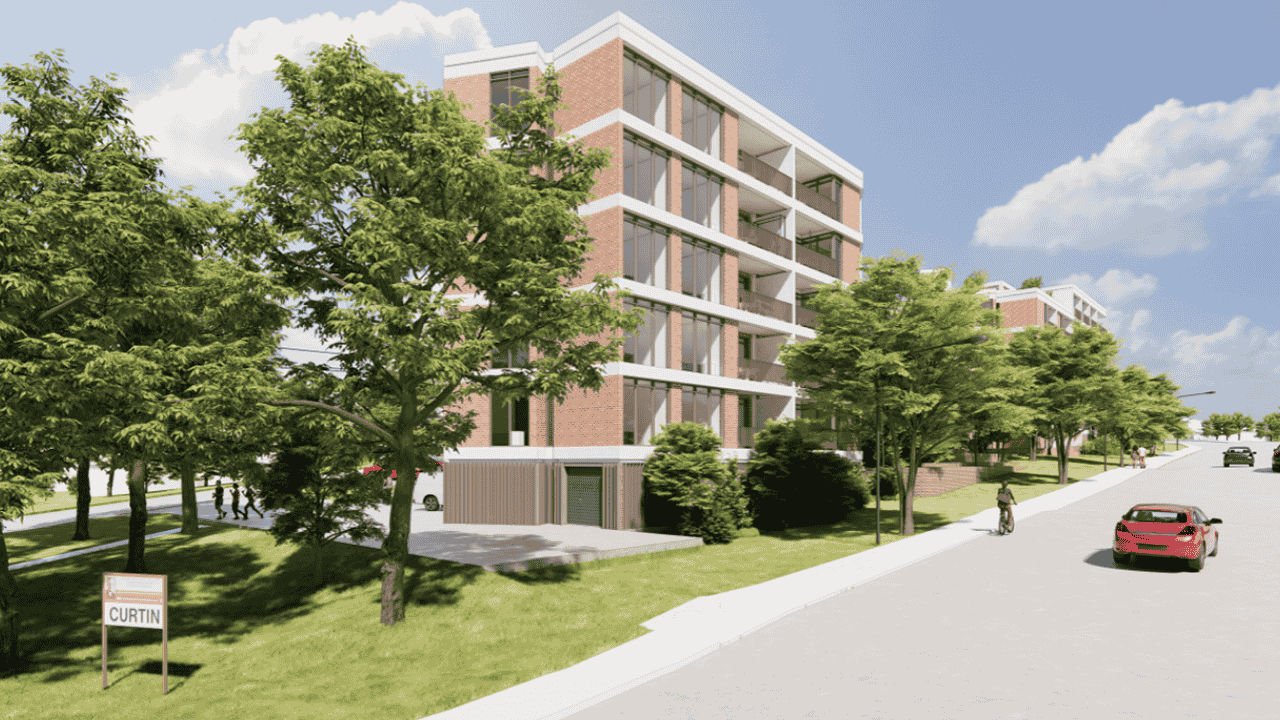 An artist's impression of modern housing with a suburb sign saying Curtin.