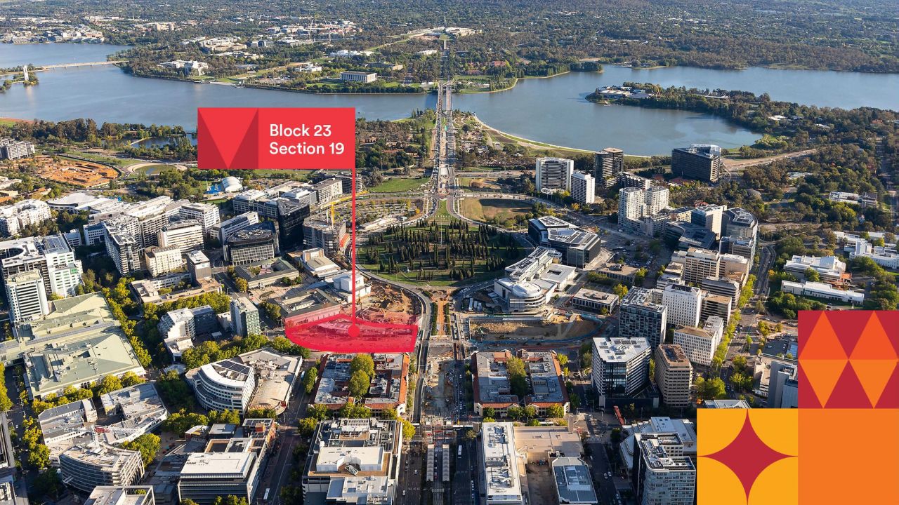 Aerial image outlining Block 23 in Canberra's City Centre. 