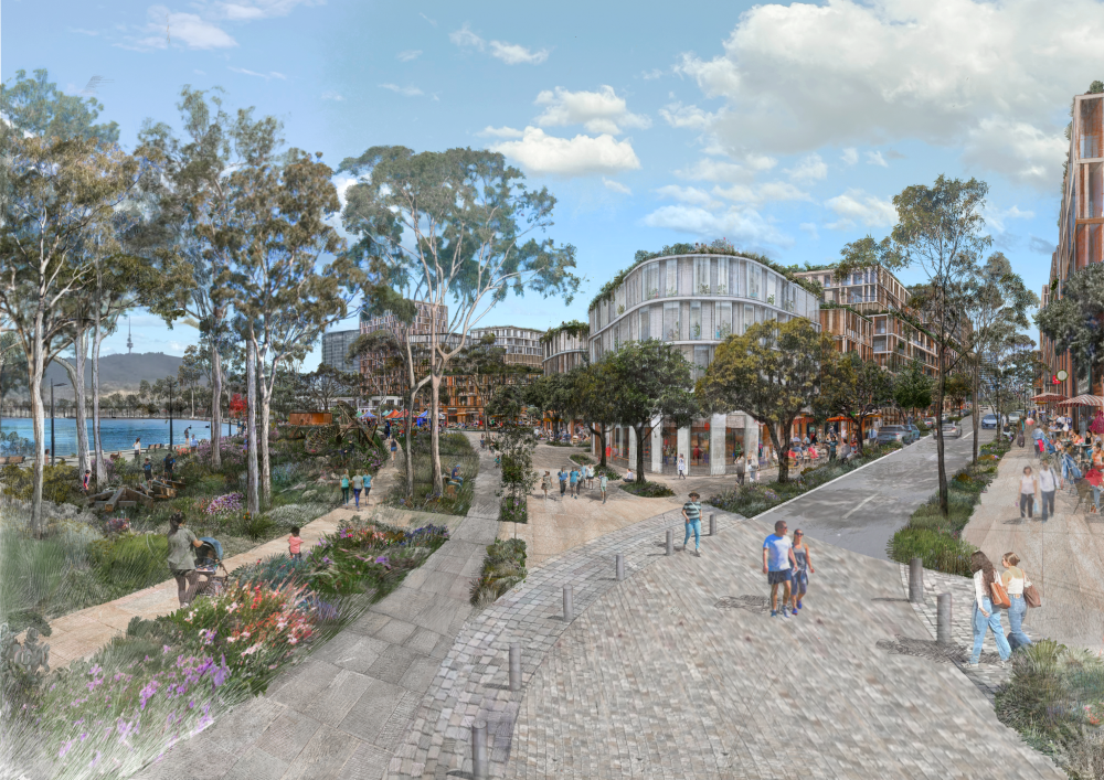 Acton Waterfront Neighbourhood Consultation artist impression streetscape - overlooking Ngamawari with people, the native gardens and shared road