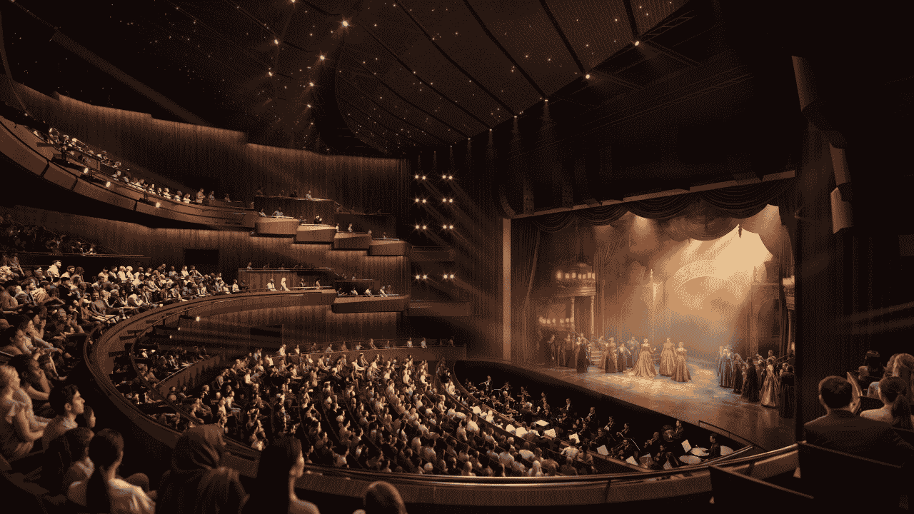 Interior view of a large contemporary theatre auditorium during a live performance. Curved, tiered seating and private balcony boxes surround a brightly lit stage where a large ensemble cast is performing.
