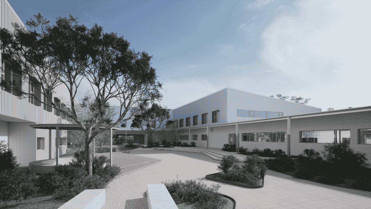 Artist’s impression of a contemporary school with light-coloured brick walls and a larger upper-level structure clad in white metal panels.