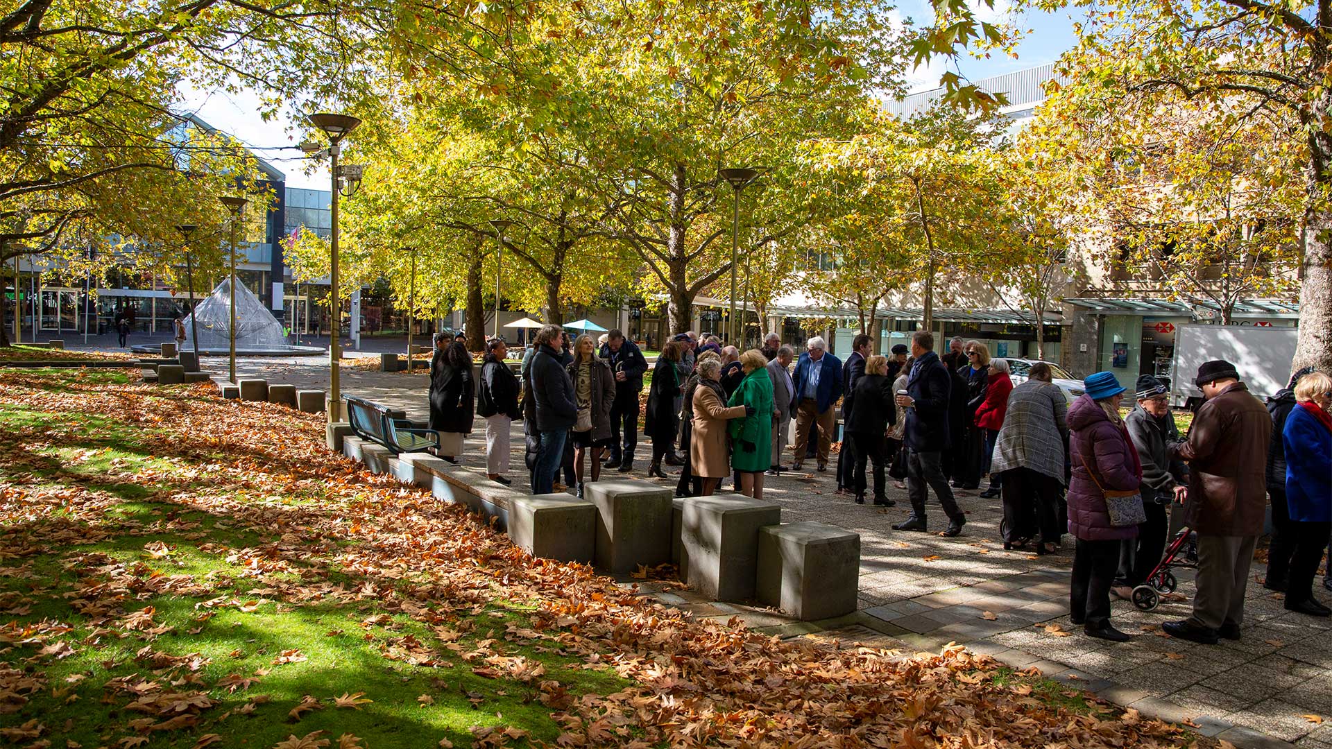 The ACT Honour Walk outside the Canberra Centre under yellow leaves. THere are people gathered chatting and reading the plaques. 