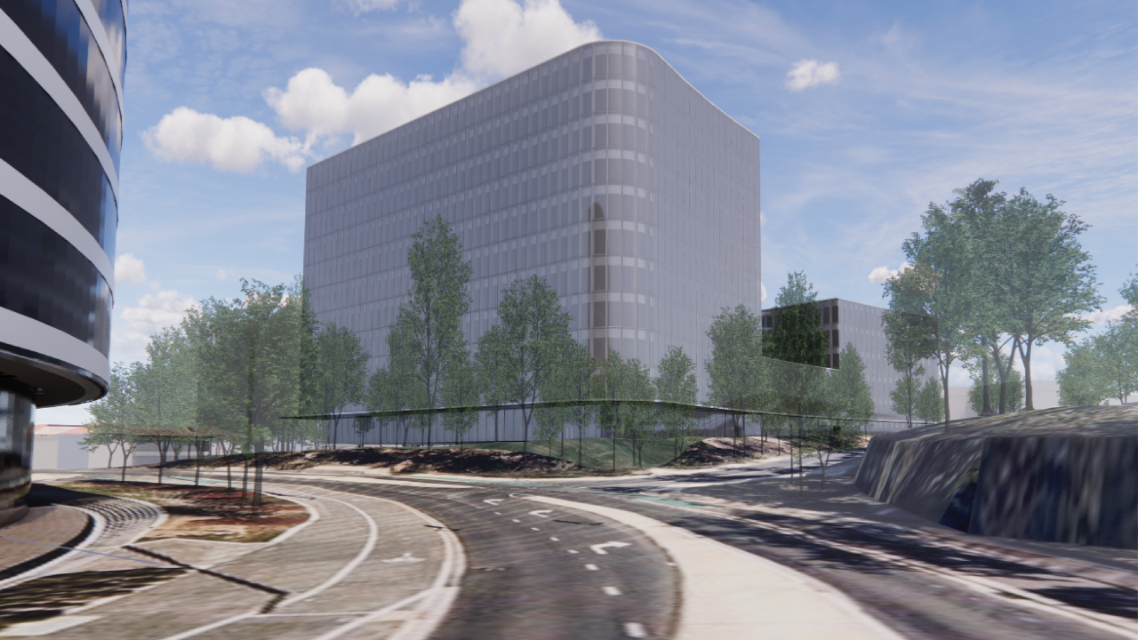 Early render of new ANU health precinct from corner of Marcus Clarke Street and Ellery Crescent