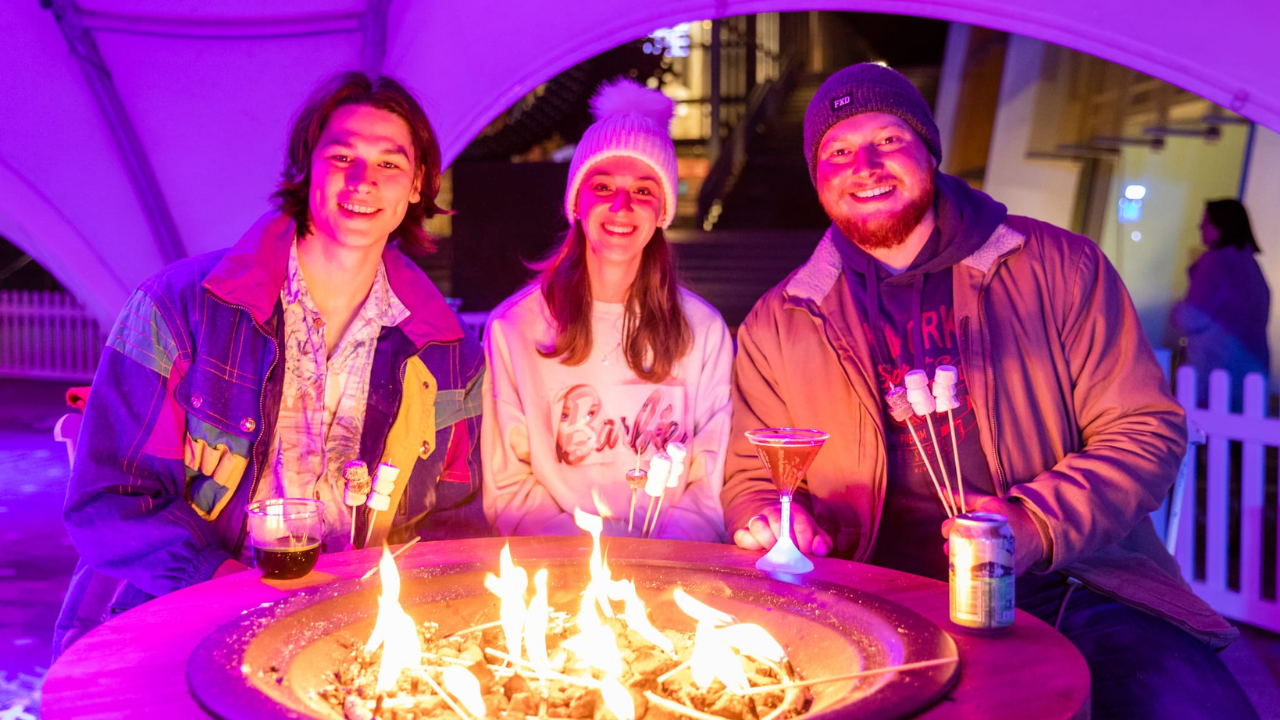 A group of friends roast marshmallows at Winter in the City