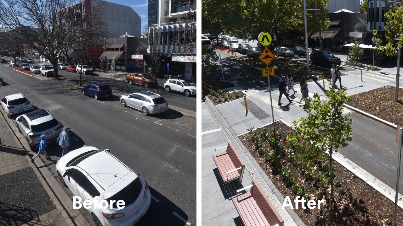 A before and after photo showing the safety features of the crossing. 