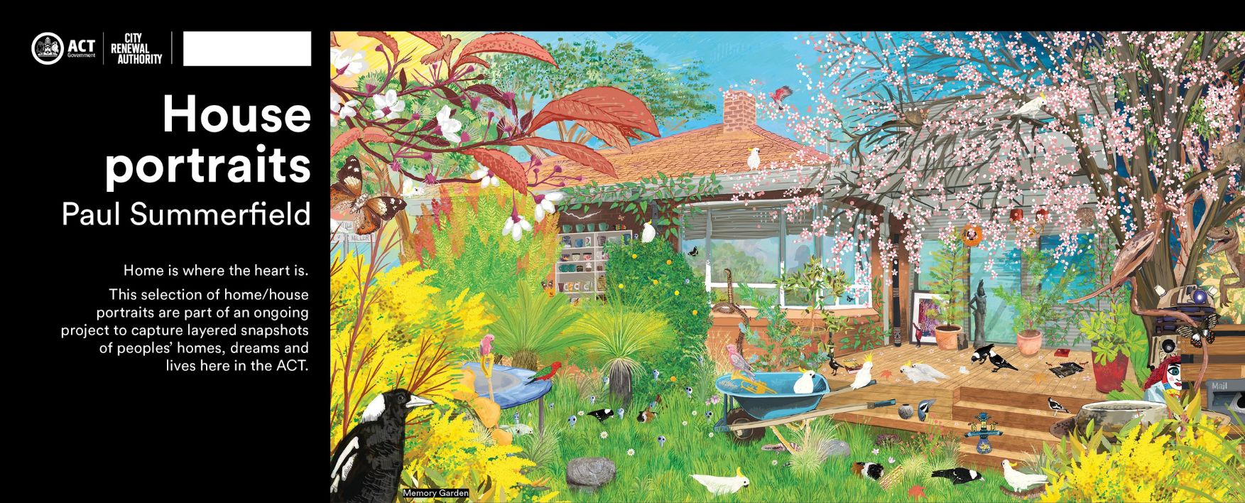 Art titled "House portraits" depicts colourful artwork of red brick home surrounded by wildlife.