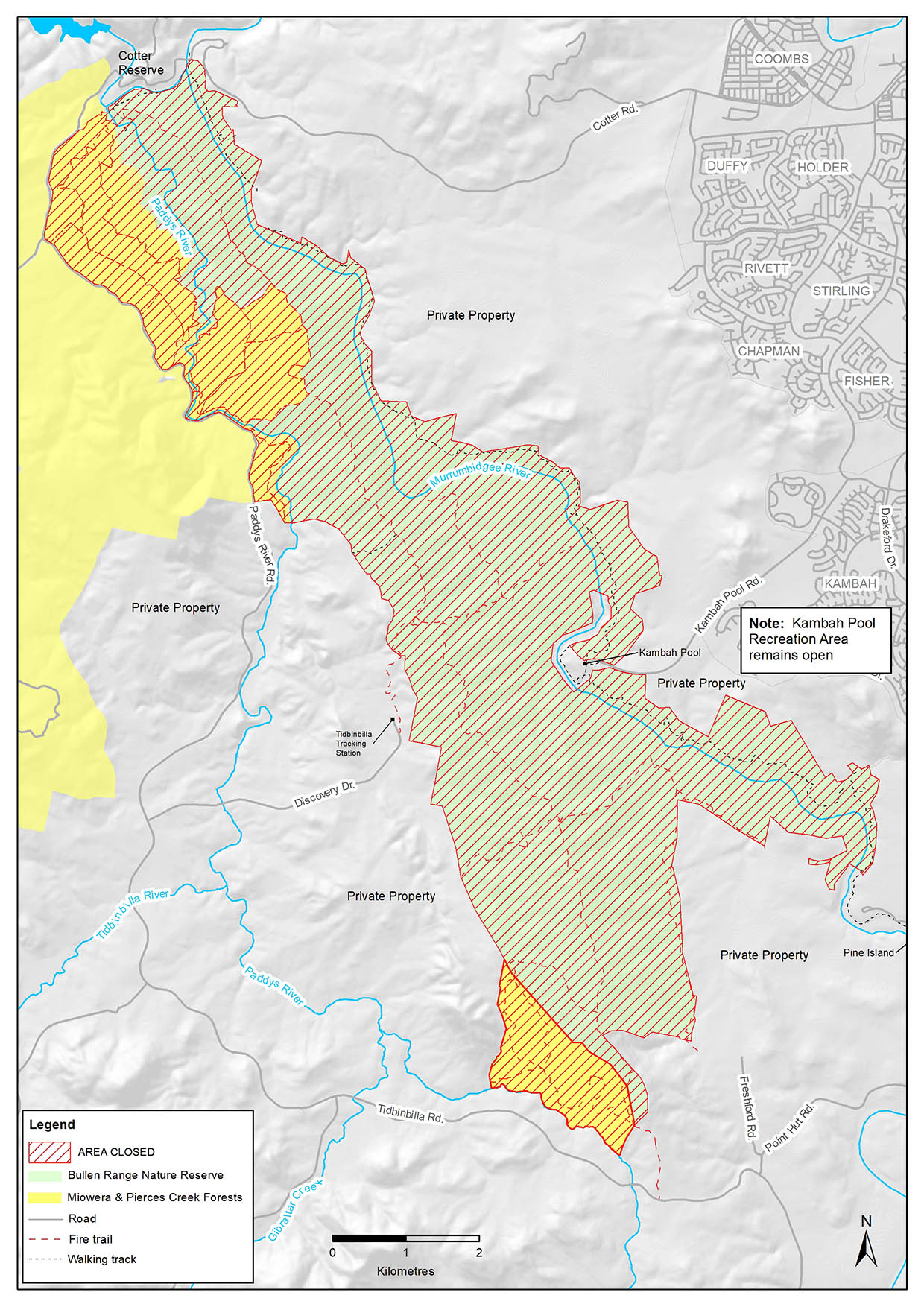 Bullen Range Nature Reserve closed, Kambah Pool recreation area excluded from closure. Miowera Pines closed. Pierces Creek Forest closed from Bullen Range Nature Reserve boundary to the eastern boundary of Paddys River Road.