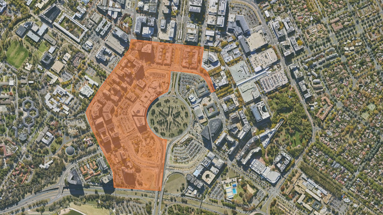 Aerial image of Canberra's City Centre with a orange outline and shaded area around the Light Rail construction zone (London circuit east between Vernon Circle and Marcus Clarke Street, and London Circuit east from Northborune Avenue until Ainsle Place, West Row and Alinga Street east.