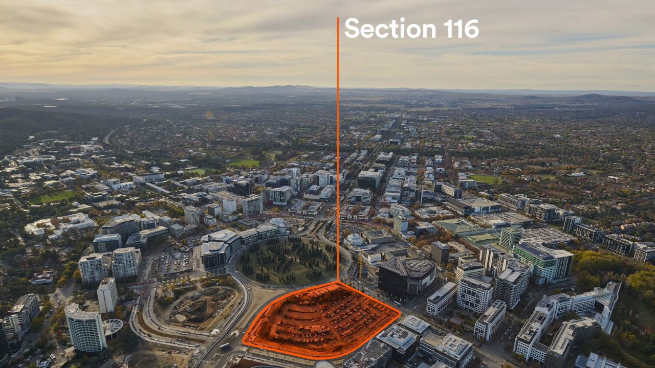 Aerial image of Canberra's City Centre. The Section 116, the City Hill surface carpark has a orange outline and indicator that reads Block 1 Section 116. 