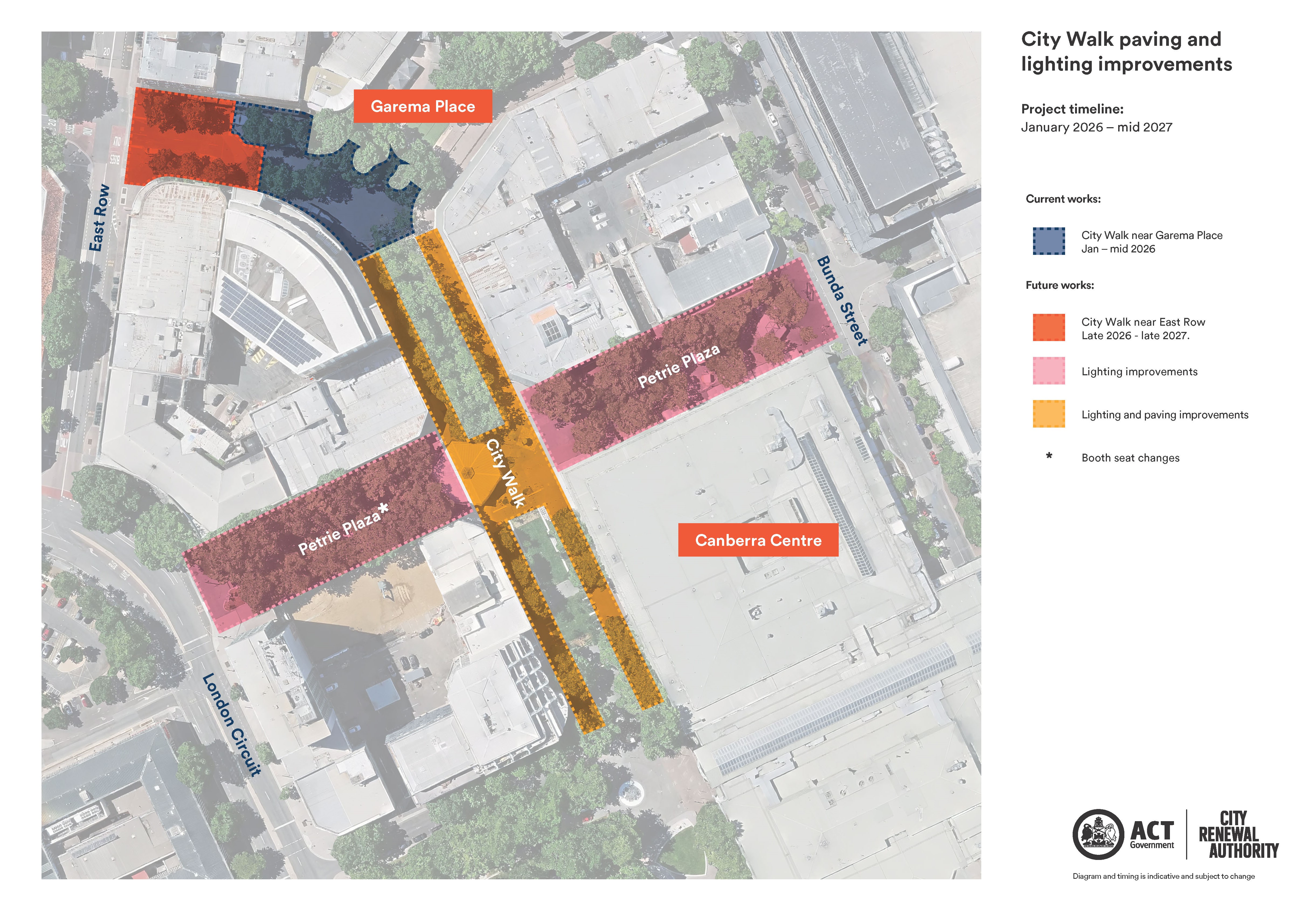 Aerial image and diagram will coloured sections indication separate construction areas. 