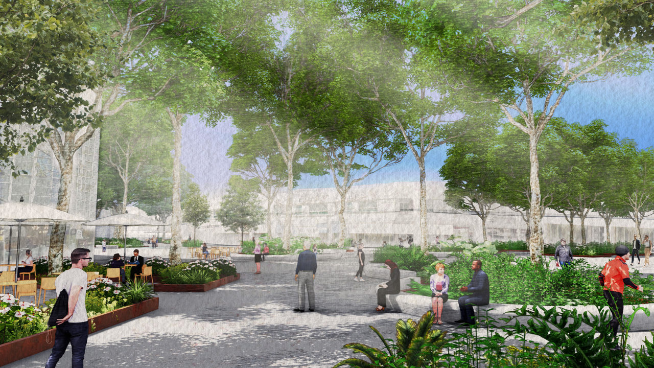 An artist's impression of the view looking north-west towards Bunda Street shows the single-level space, new garden beds and public dining areas.
