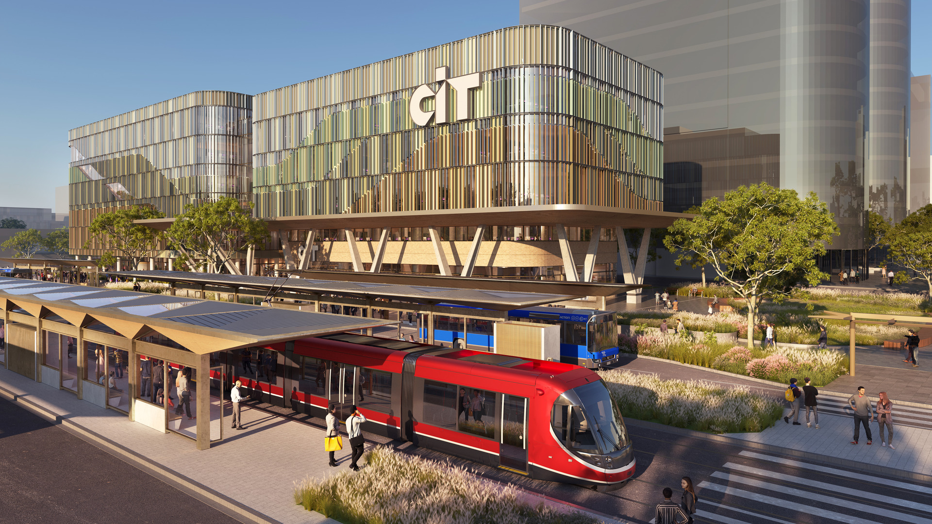 A render of a campus with a light rail stop in front.