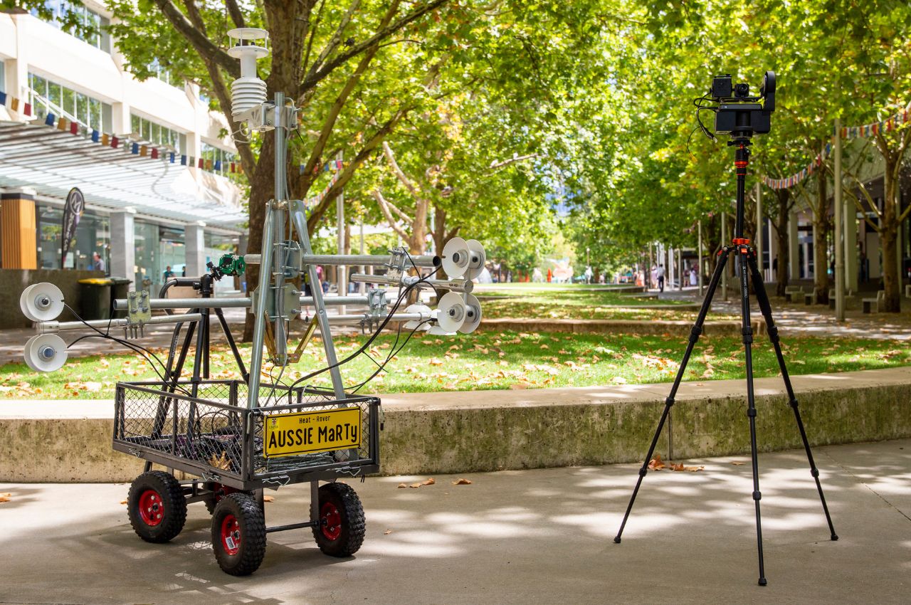 Sensor robot on trolley and heat imaging camera on City Walk. 