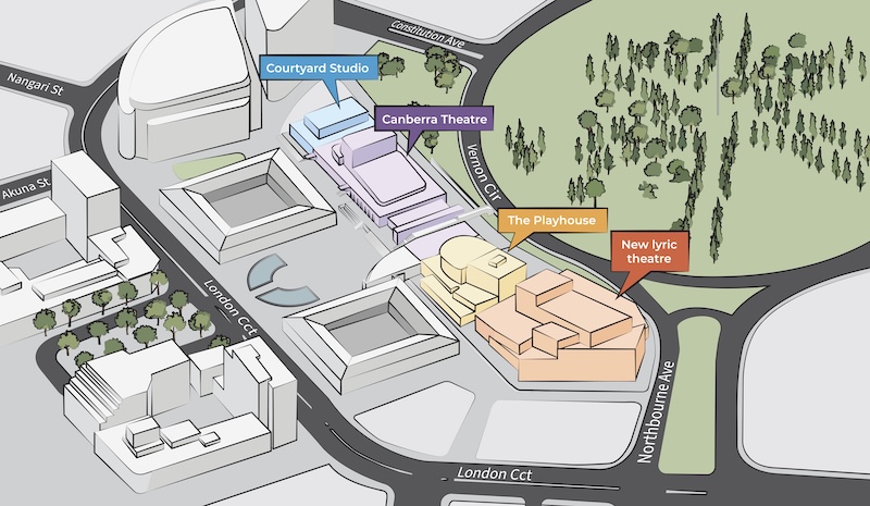 Canberra Theatre Centre Map showing the buildings and surrounding streets and a concept design in the top right corner.