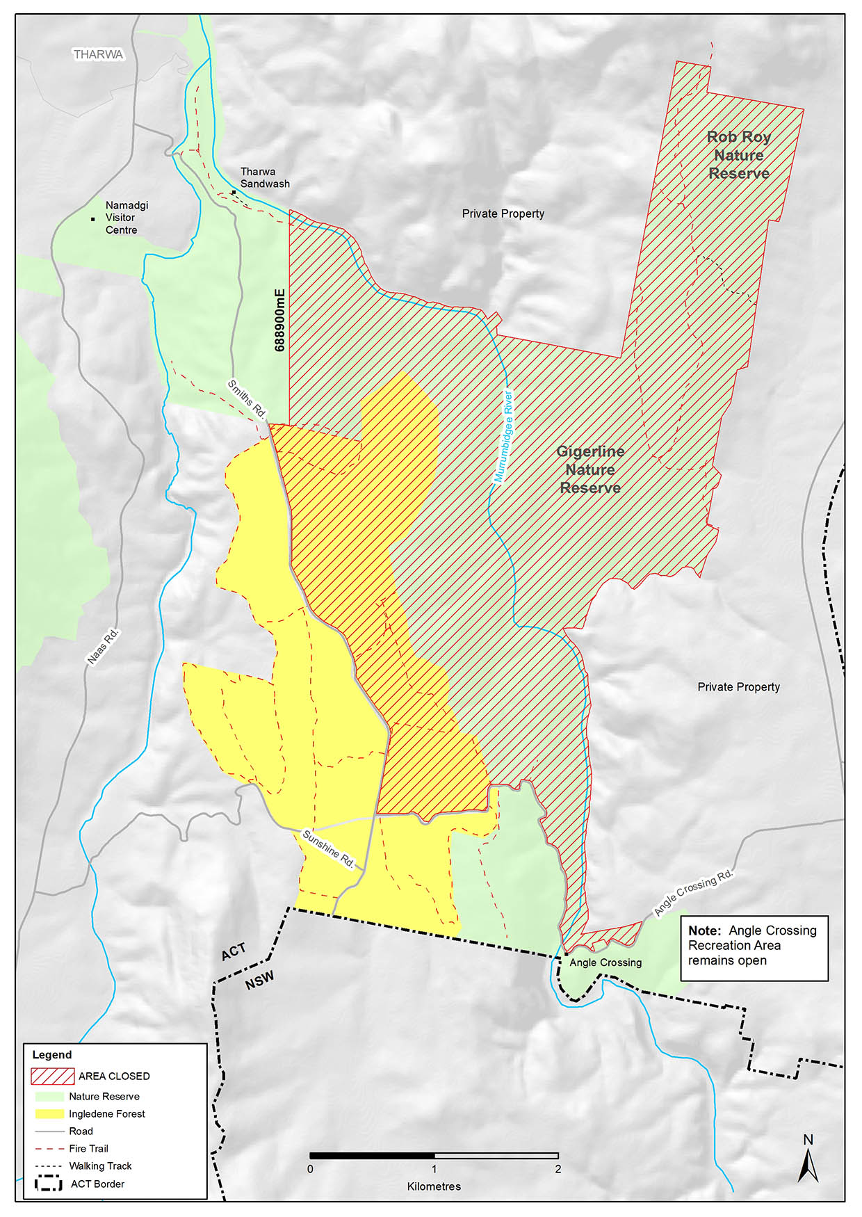 Gigerline Nature Reserve closed. Ingledene Forest closed from the boundary of Gigerline Nature Reserve to the eastern edge of Smiths Road and northern edge of Angle Crossing. Angle Crossing recreation area remains open. Southern Rob Roy Nature Reserve closed.