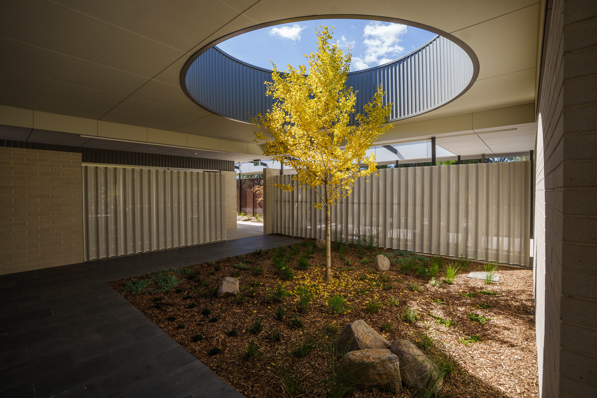 A courtyard with a large circular space in the roof showing blue sky. Underneath is a tree with yellow leaves and a garden.