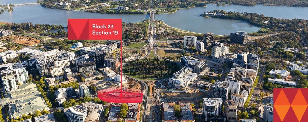 Aerial image outlining Block 23 in Canberra's City Centre. 
