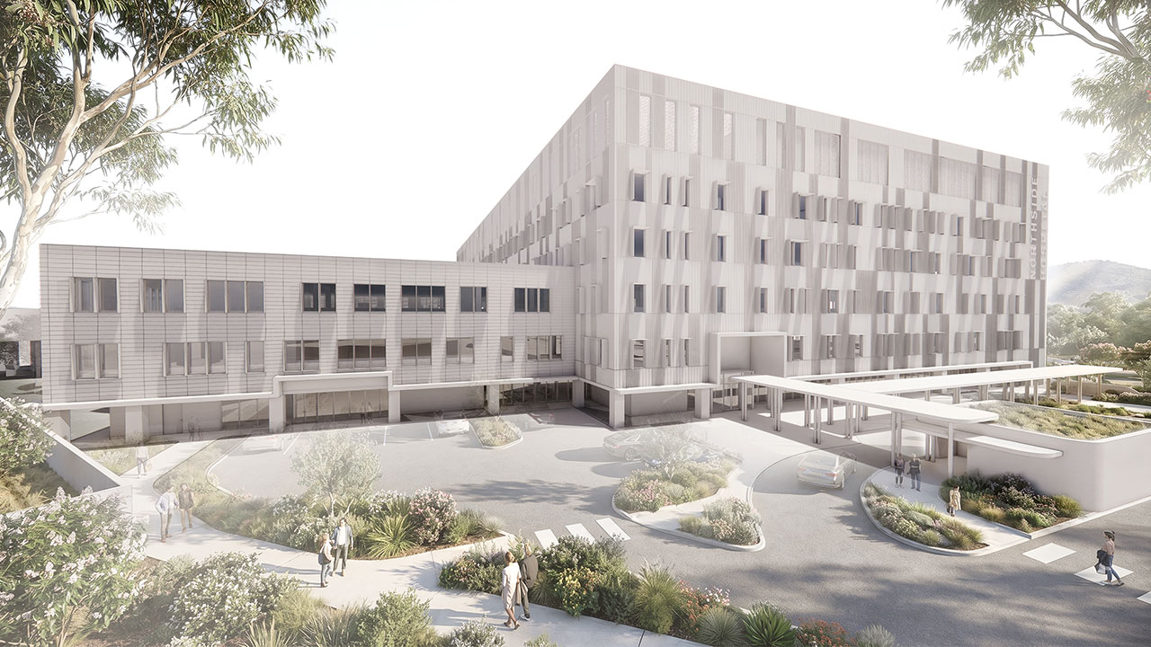 A render of a large white hospital building with people moving about outside.