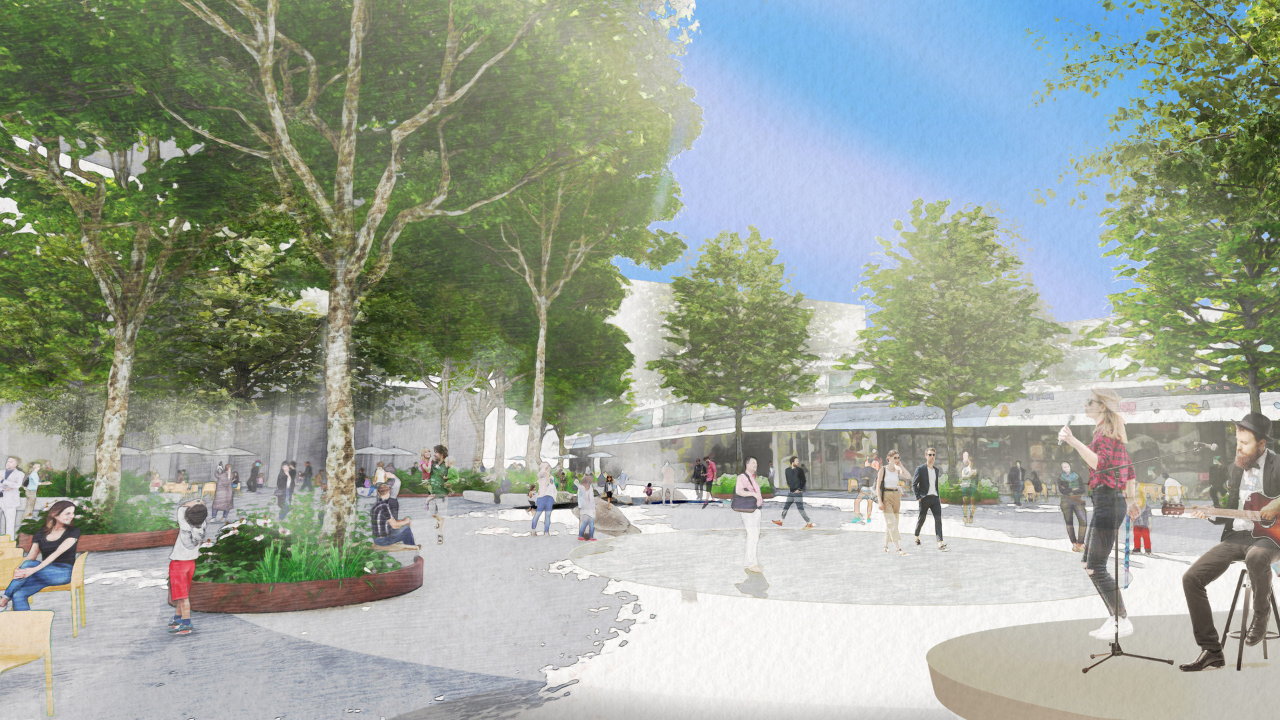 An artist's impression of the proposed Garema Place upgrade shows a less cluttered, single-level area with a bustling crowd moving through the more open space