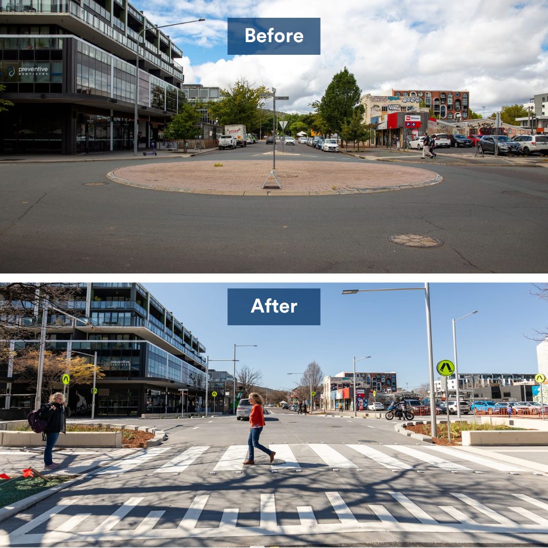 Two images showing an intersection with a roundabout, and then with a pedestrian crossing following construction work. 
