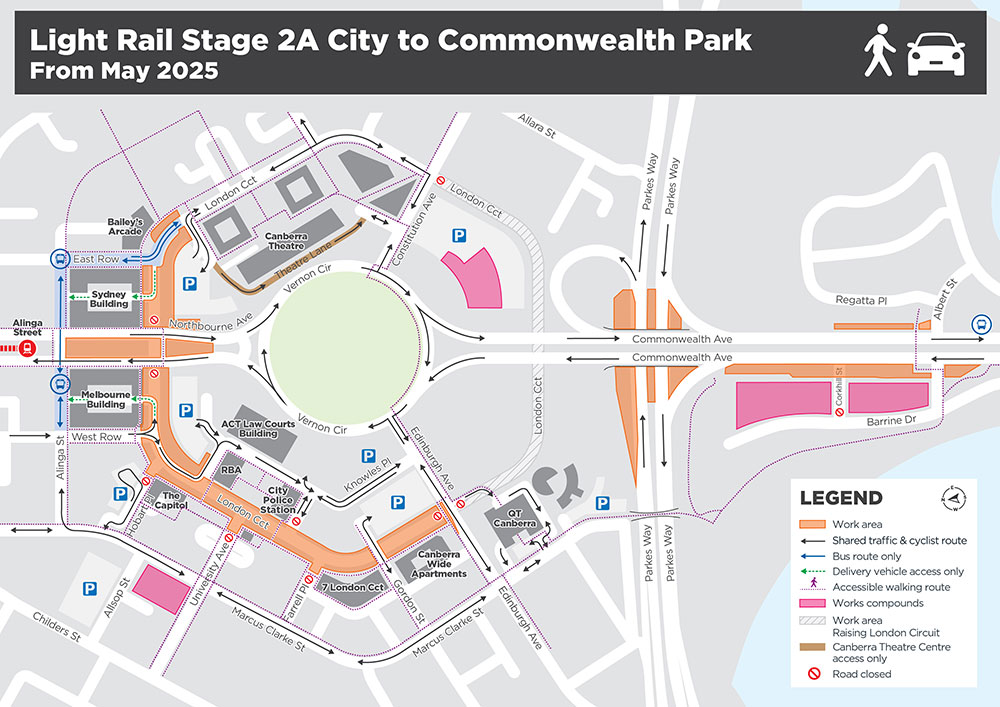 Map displaying construction works for Stage 2A light rail.