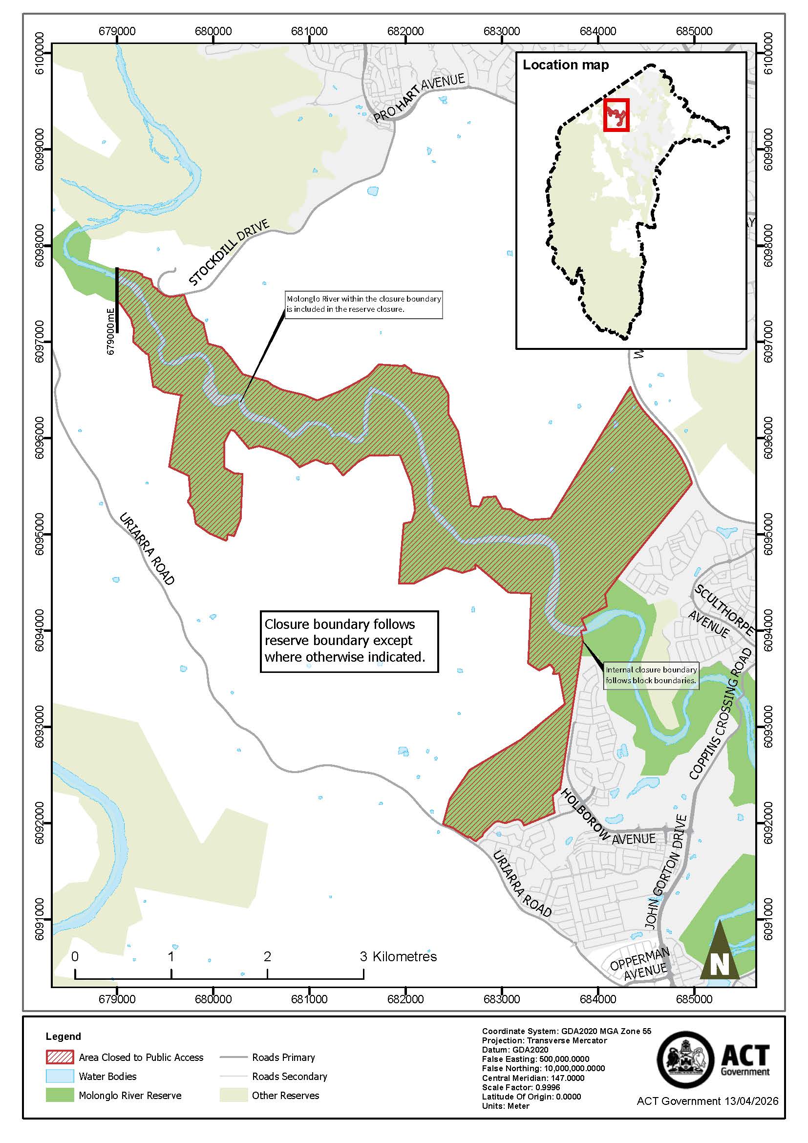 Molonglo River Reserve closed. Closure includes Block 403 (Bluetts Block) and area formerly known as Kama Nature Reserve. Namarag Reserve remains open.