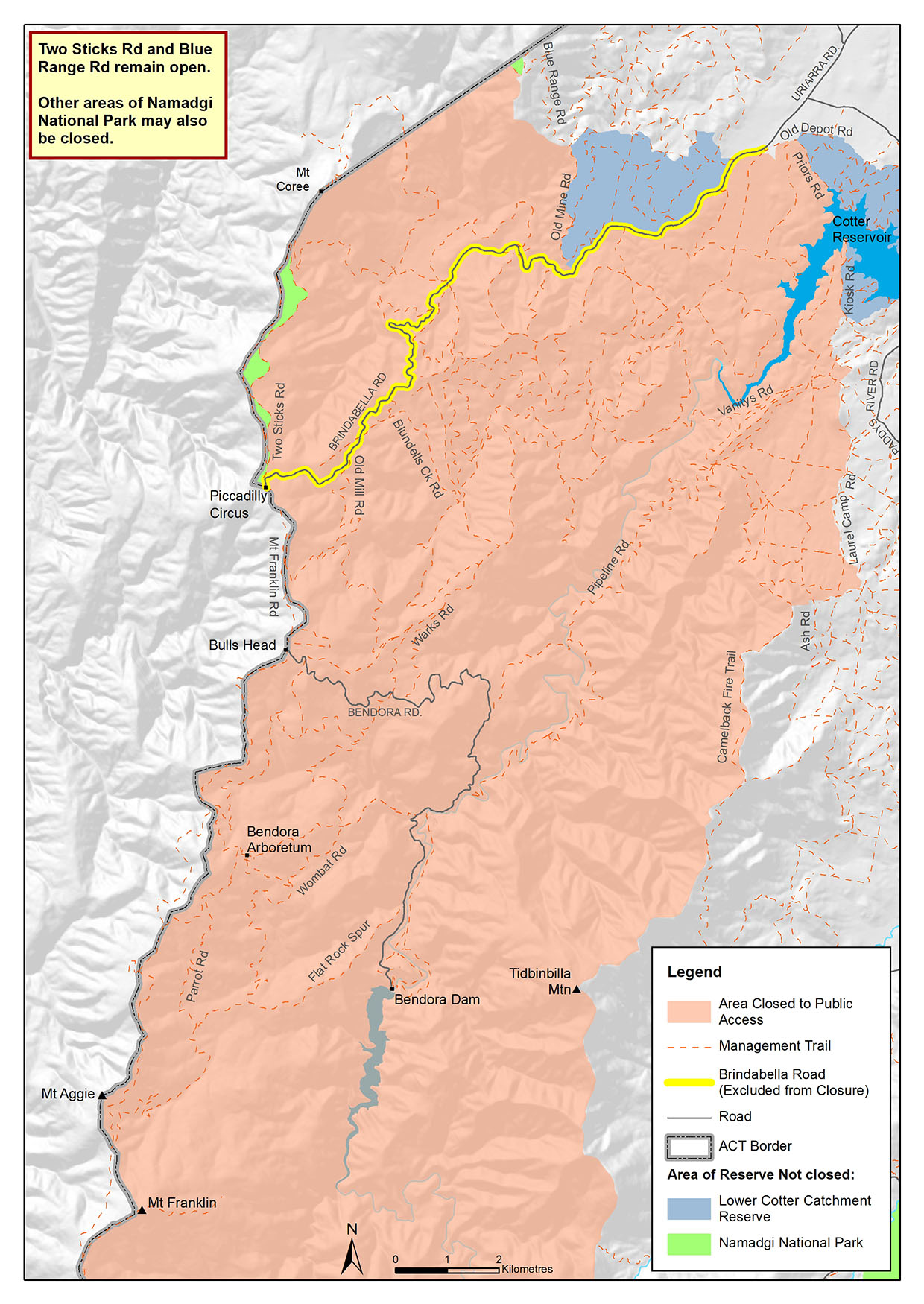 Northern Namadgi National Park and Lower Cotter Catchment closed. Brindabella Road remains open during the closure. Two Sticks Road and Blue range Road remain open.