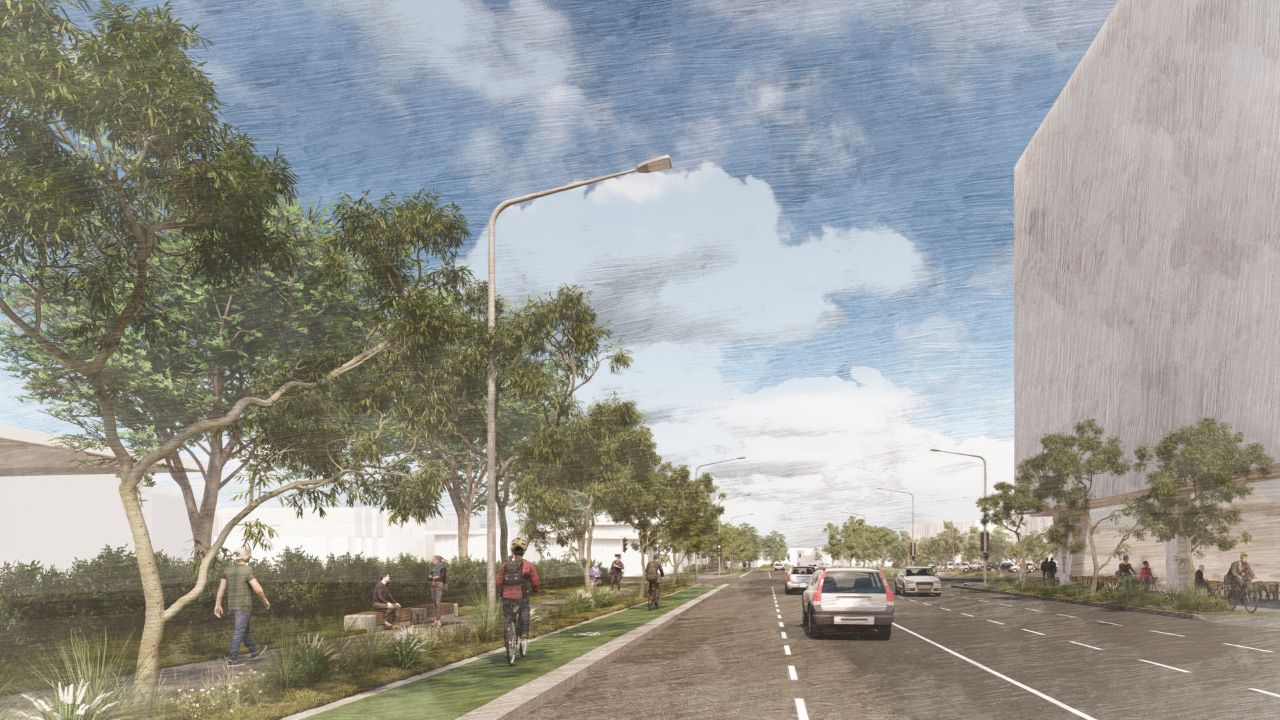 Artist's impression of Cooyong Street. The image depicts cycle lane, greenery and traffic.