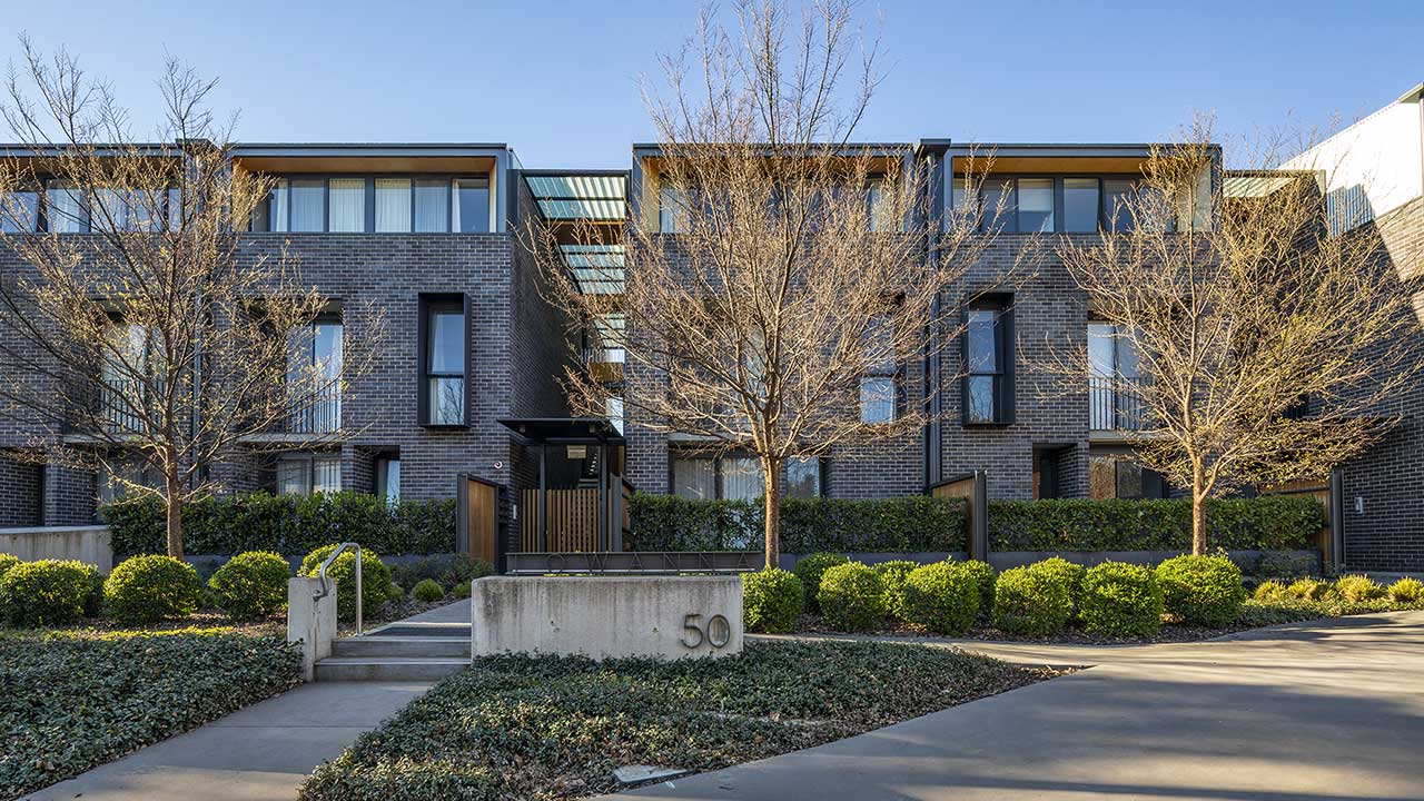 Modern townhouses built of brick.