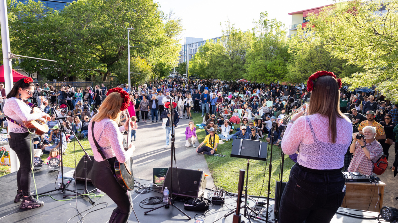 Performers on stage at La Fiesta