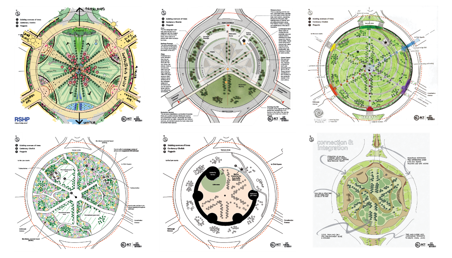 A selection of six of the visual submissions to the City Hill ideas exhibition