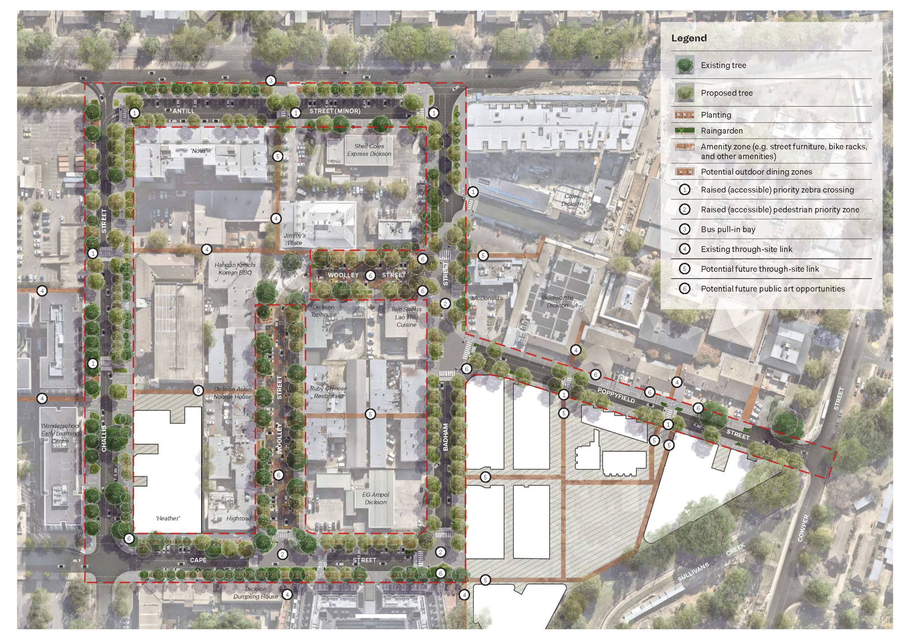 Aerial diagram of inclusions in the Dickson Streetscapes Masterplan. 