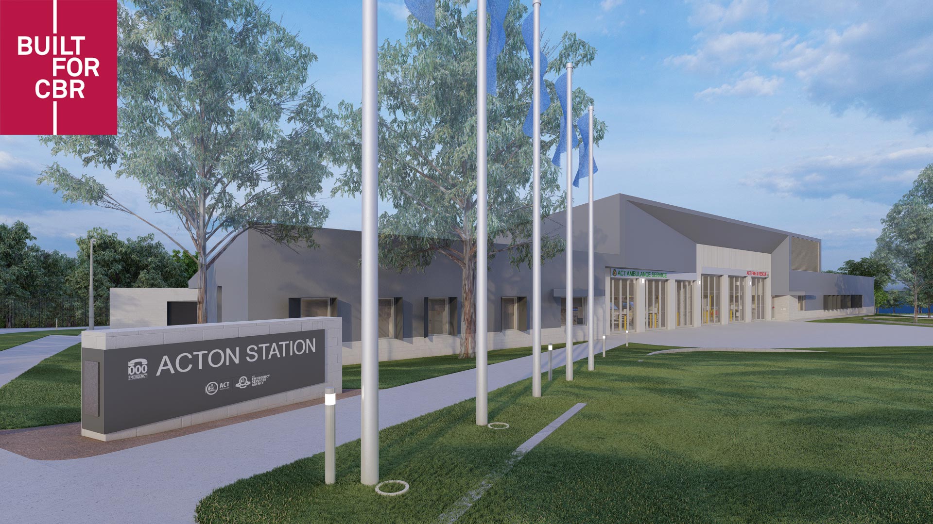 Artists impression of emergency services station. A sign reads 