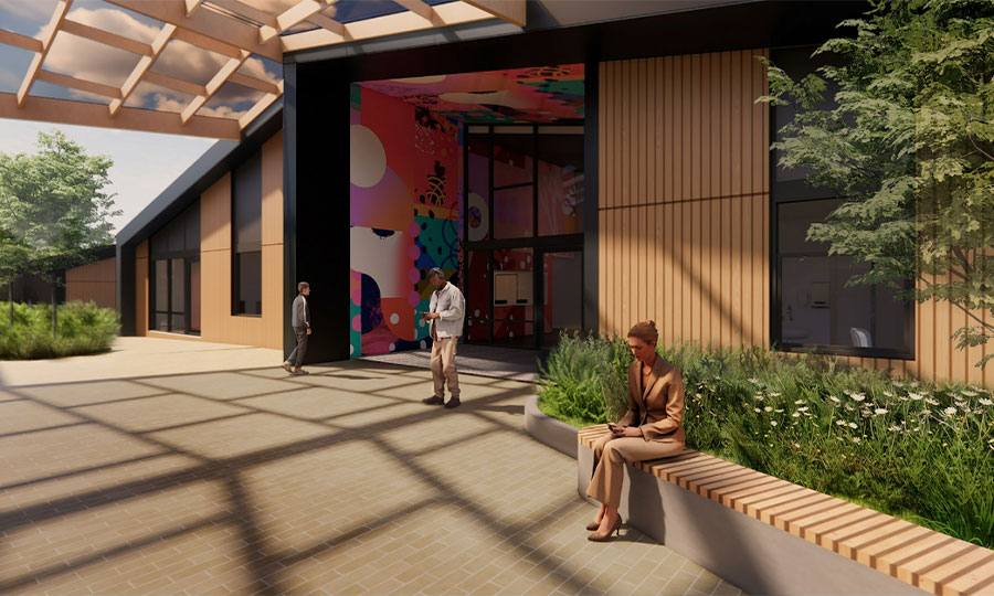 Render of building and people sitting outside on patio area. 