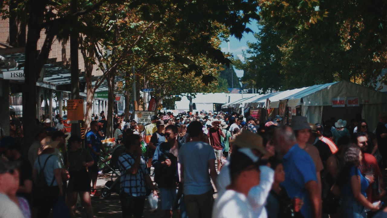 Crowds of people in the City Centre at the 2023 Multicultural Festival.