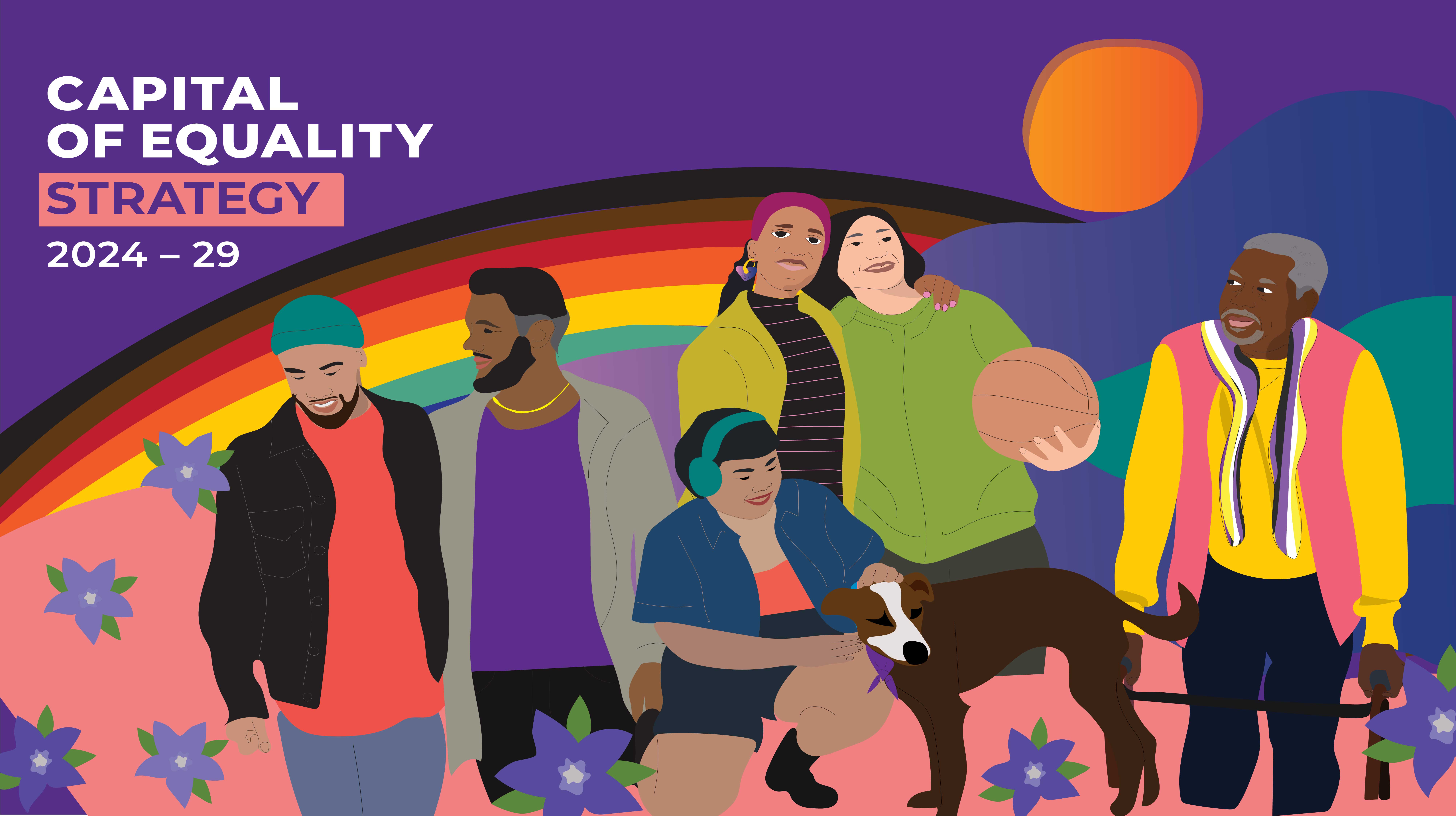 A colourful graphic with people smiling.