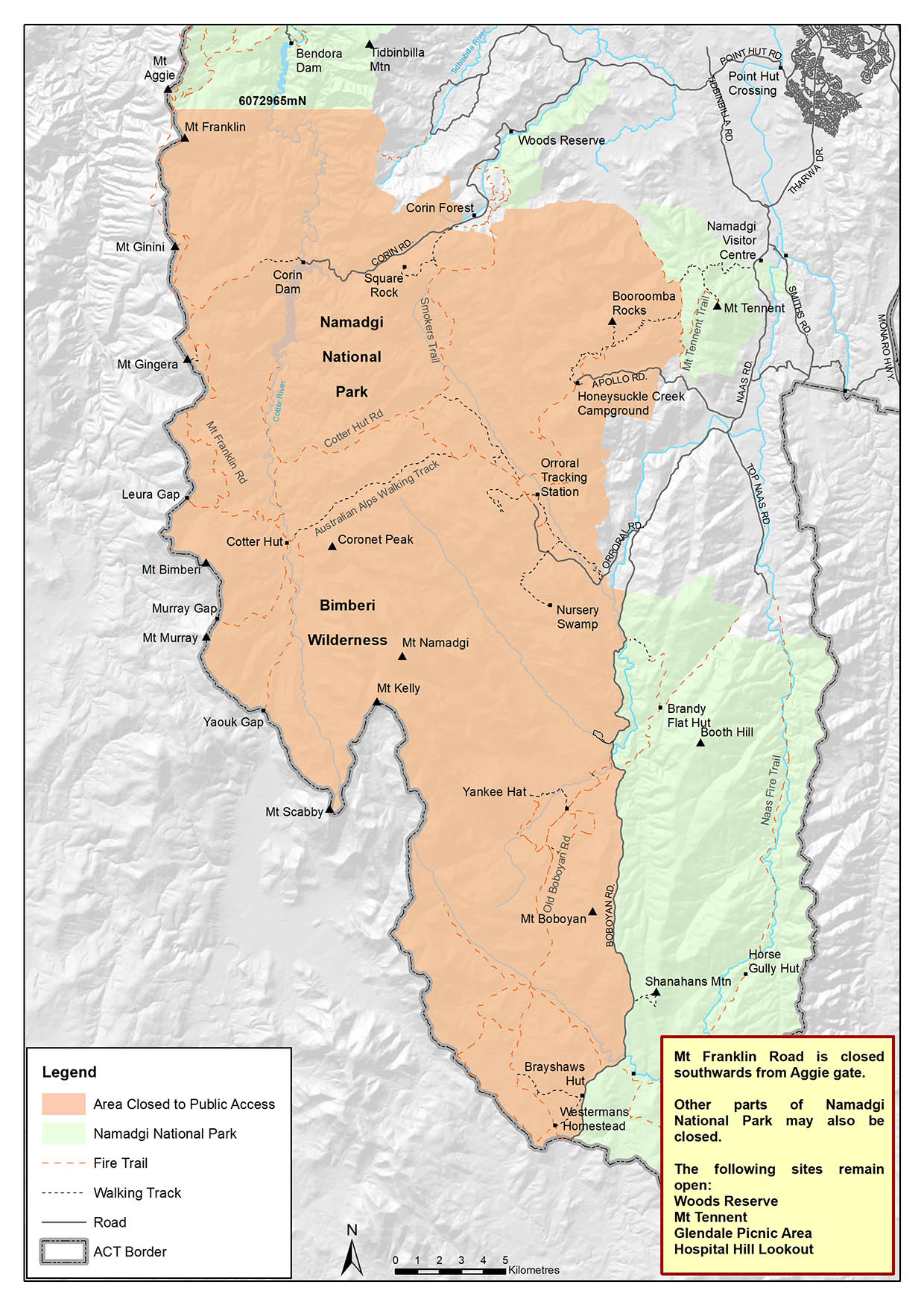 Closure boundary follows western edge of Boboyan Road and southern boundary of Namadgi National Park North. Mt Franklin Road is closed southward of Aggie gate. Woods Reserve, Mt Tennant, Glendale Picnic area and Hospital Hill lookout remain open all other areas closed.