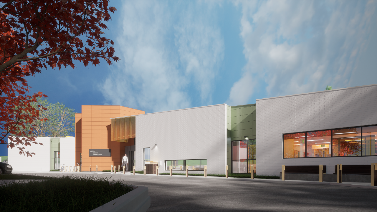 An artist's impression of an orange building surrounded by autumn trees.