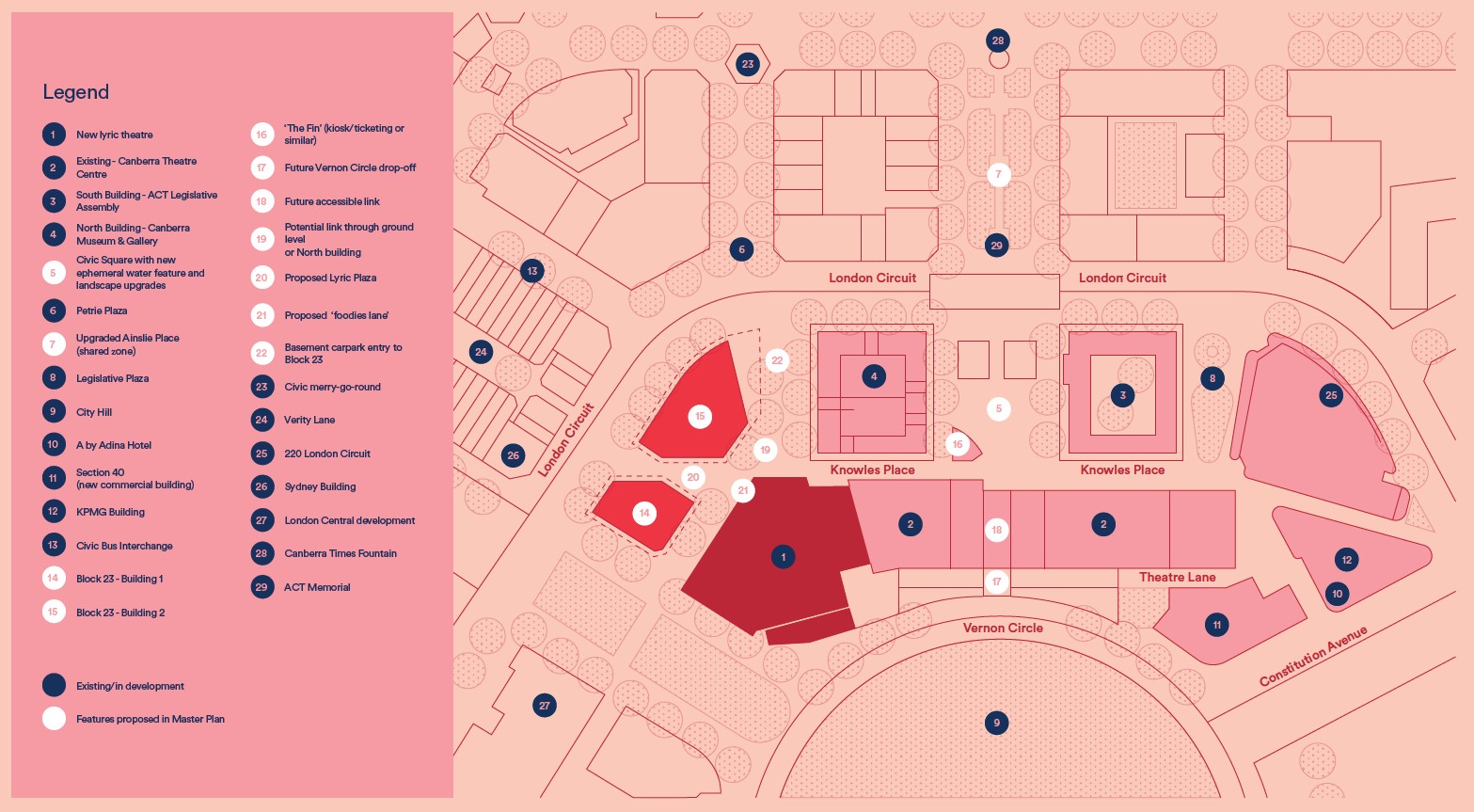 A brightly coloured map of the Canberra Civic and Cultural District showing locations of key developments, the new theatre and their position within the Canberra city