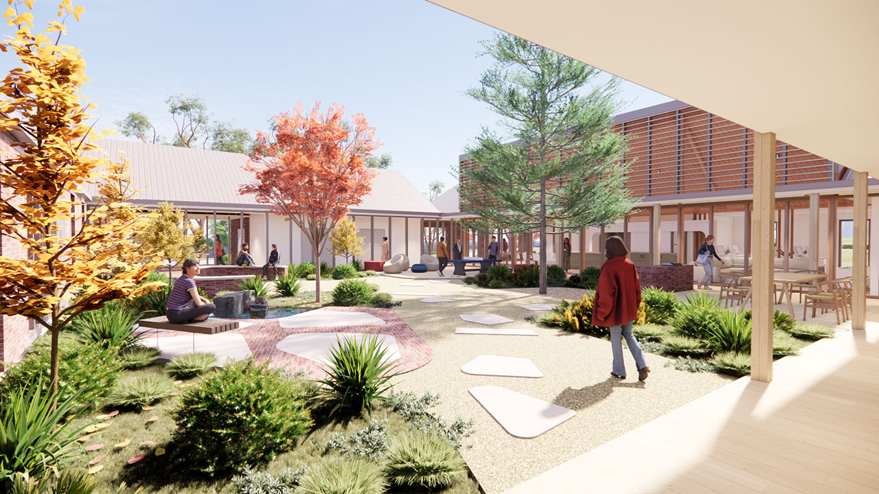 An artist's impression of young people walking around a modern courtyard.