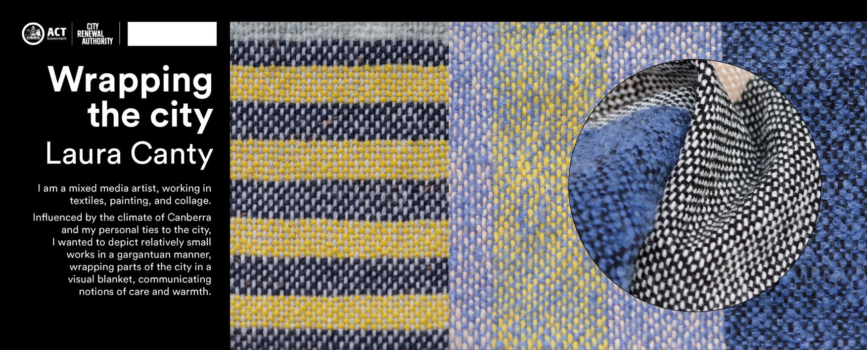 Artwork titled "Wrapping the City" with different scales images of fabrics of blue, yellow and grey.