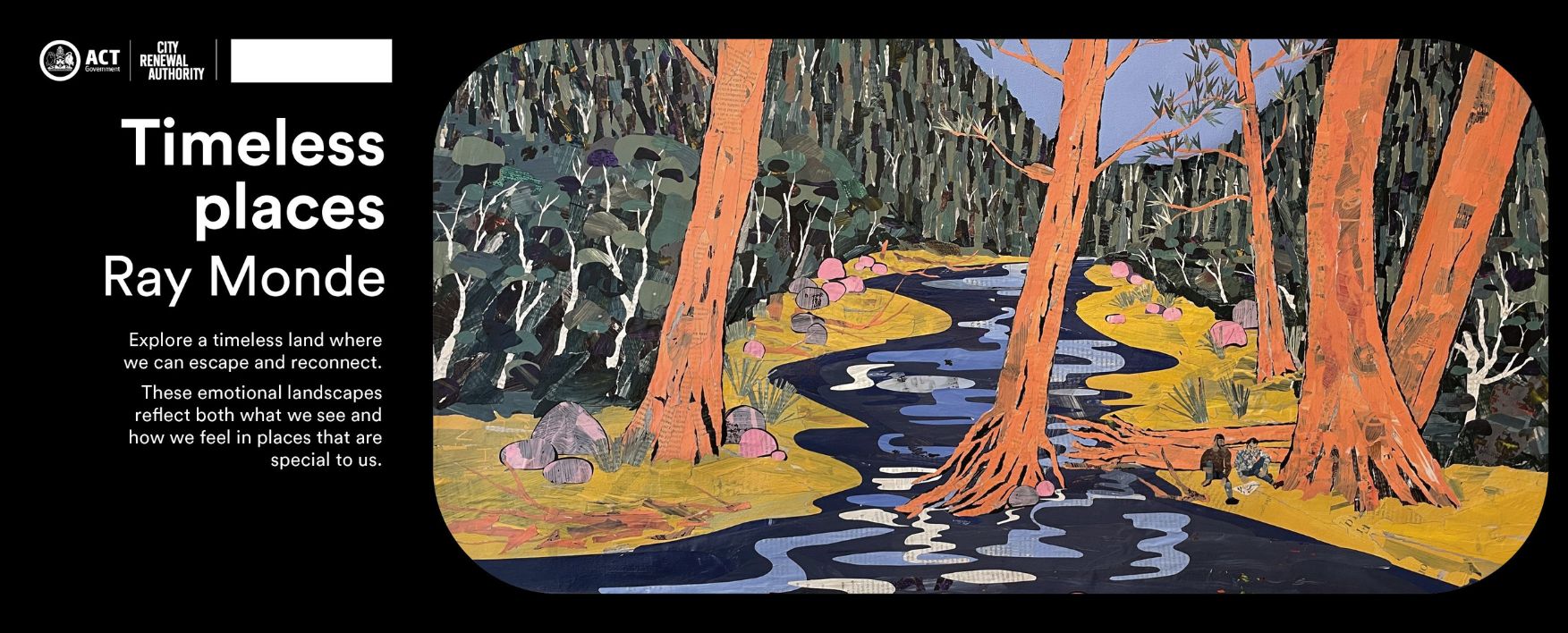 Art titled "Timeless places" showing a nature scene with a river and trees. 