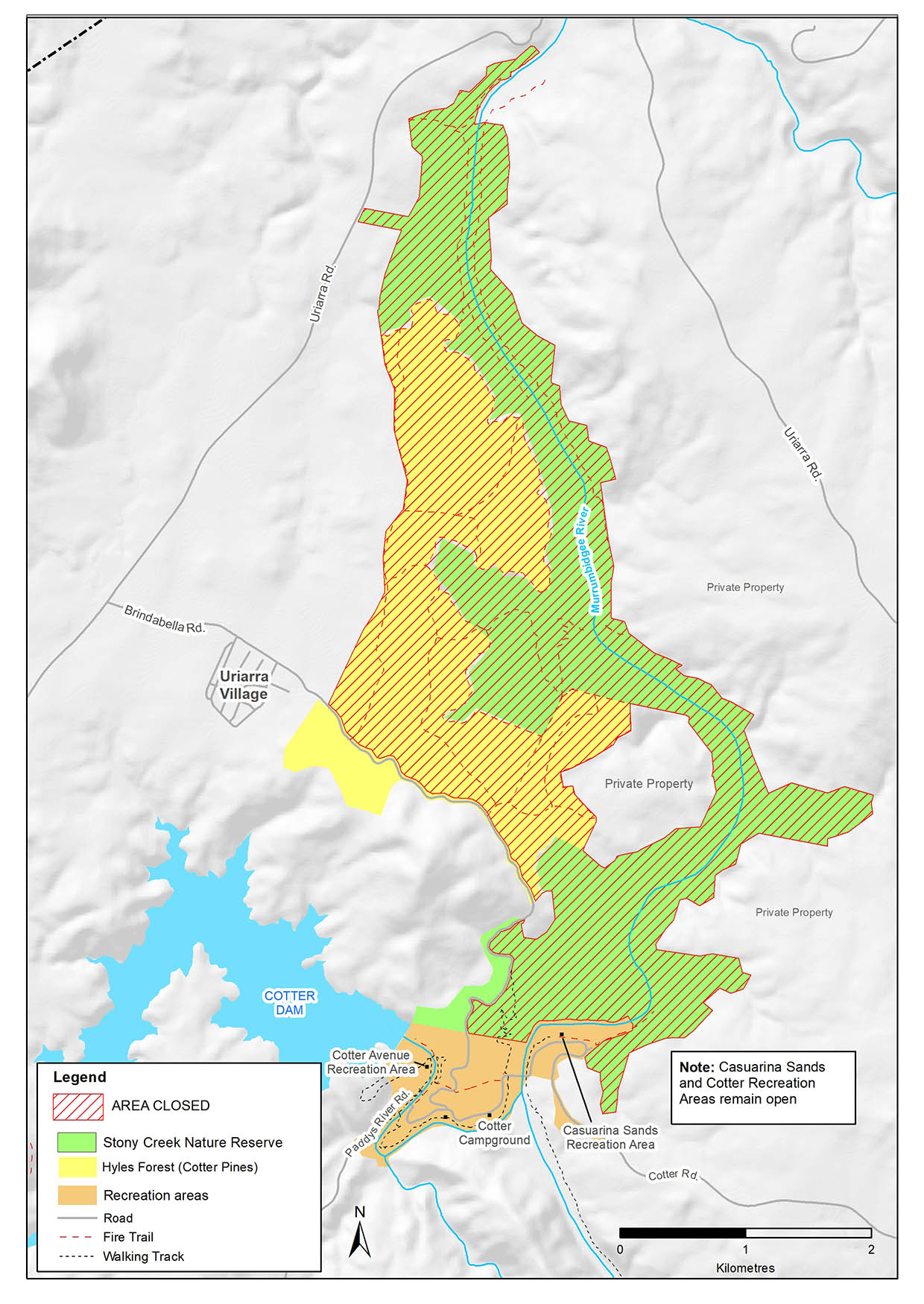 Stony Creek Nature Reserve closed. Casuarina Sands and Cotter Recreation Areas excluded from closure. Hyles Forest closed from Stony Creek Nature Reserve boundary to the north/east side of Brindabella Road.