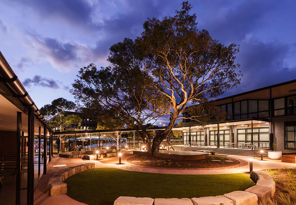 Outdoor courtyard at dusk with a large central tree surrounded by curved seating and landscaped garden beds, softly lit pathways, and modern buildings with glass walls enclosing the space on both sides.
