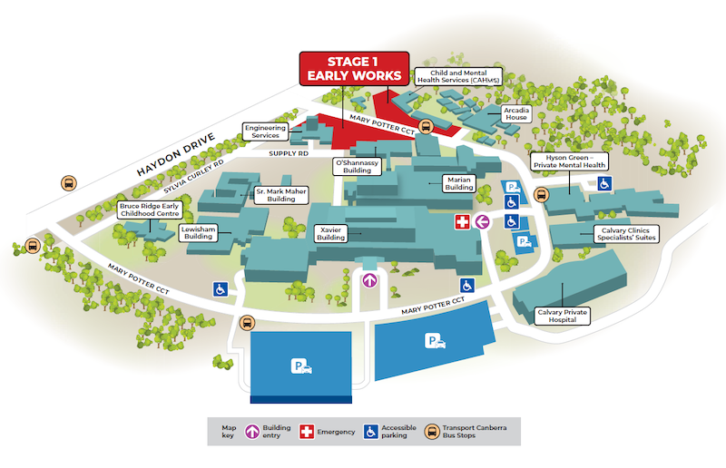 Image shows the Northside Hospital Campus Map and where the stage 1 of constructions will happen